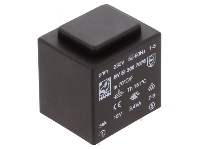 Transformator: ingegoten; 3,4VA; 230VAC; 18V; 189mA; PCB; BVEI Transformator: ingegoten; 3,4VA; 230VAC; 18V; 189mA; PCB; BVEI